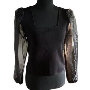 House of Harlow 1960 Black Sheer Sleeve Knit Top | Square Neck | Size Medium